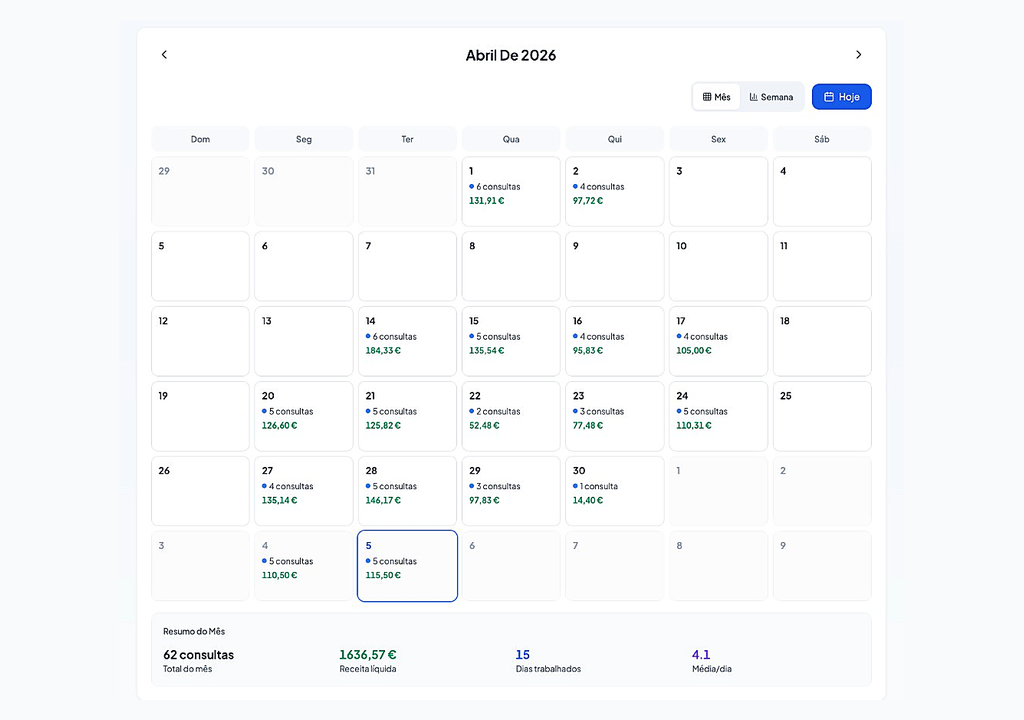Calendário Sessly mostrando consultas e total por dia em abril de 2026